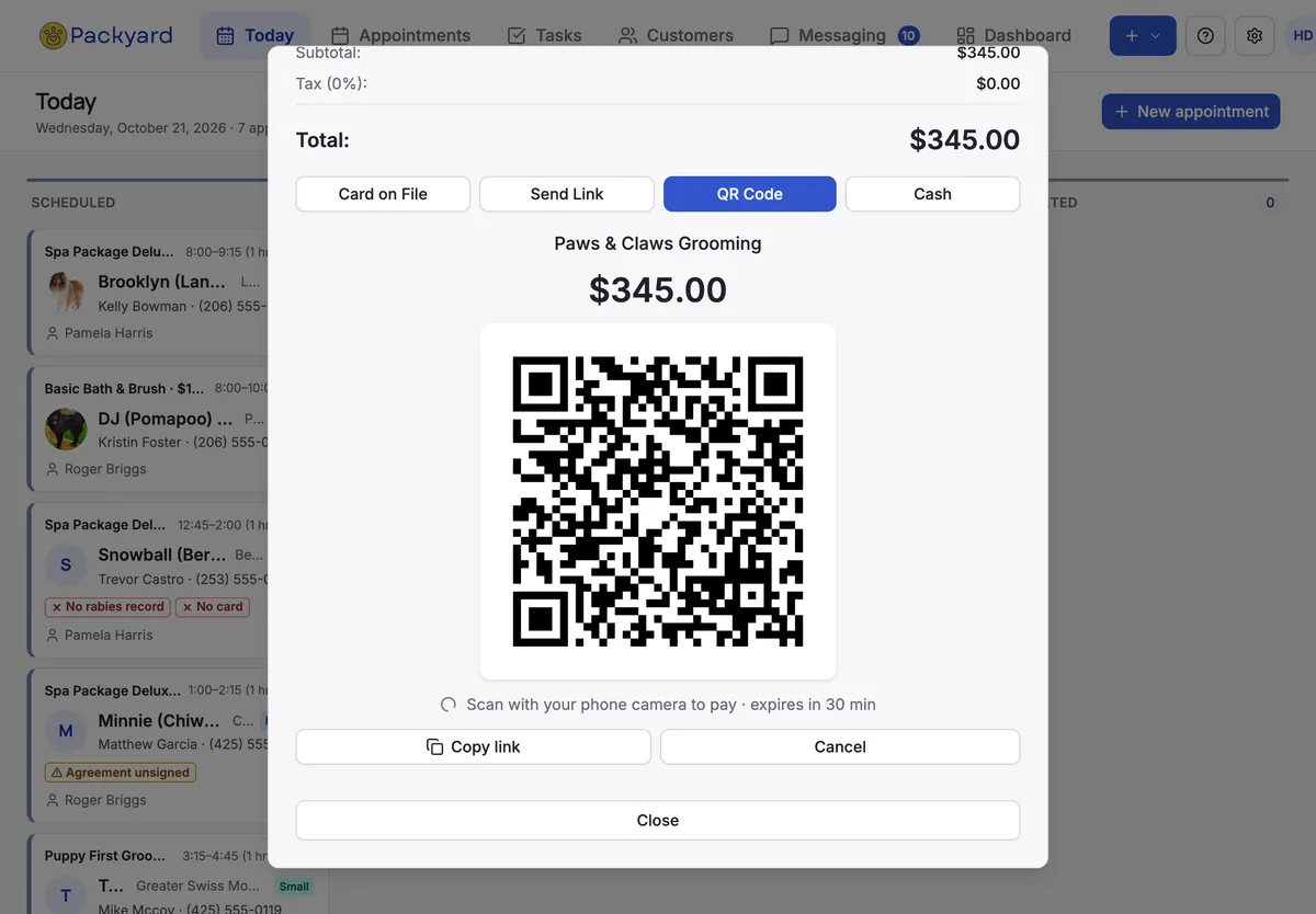 Checkout with card on file, payment link, QR code or cash, showing a QR code to scan and pay