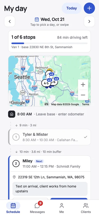 The van groomer’s route on their phone, next stop with access notes