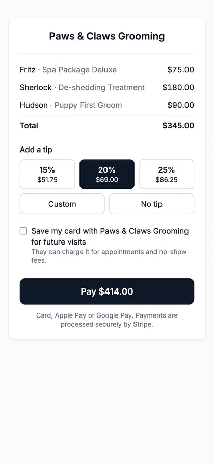 The client paying on their phone, choosing a 20% tip